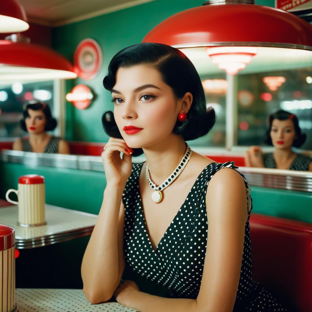 Vintage Diner Woman in Polka-Dot Dress