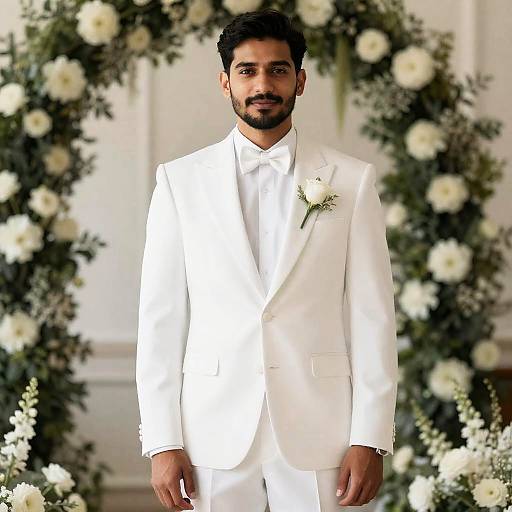 Man in White Wedding Tuxedo Standing Amid Elegant Floral Decor