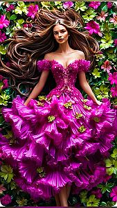 Woman in Magenta Dress Among Pink and Green Flowers