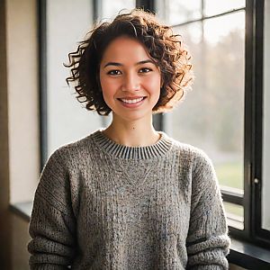 Smiling Woman in Cozy Sweater by Window