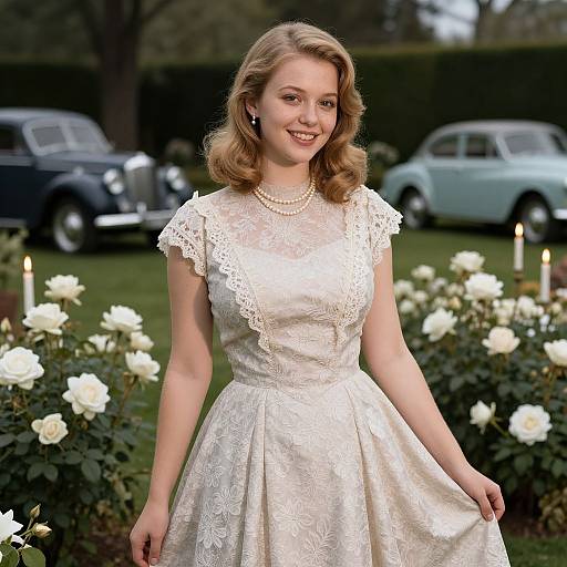 Vintage Style Woman in Lace Dress with Classic Cars in Garden