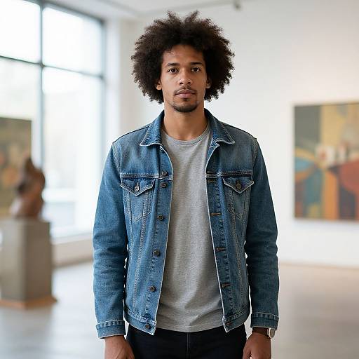 Young Man in Denim Jacket Posing in Modern Art Gallery