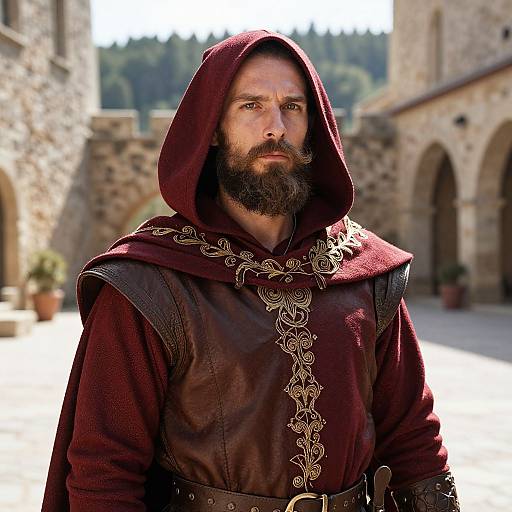 Medieval Fantasy Man in Hooded Cloak and Leather Tunic in Castle Courtyard