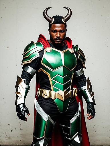 Man in Green and Gold Fantasy Warrior Armor with Horned Helmet