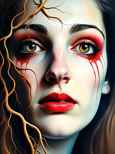 Close-up portrait of a woman with amber eyes and red makeup