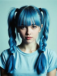 Young Woman with Light Blue Braided Pigtail Hairstyle and Matching Shirt