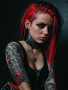 Portrait of Punk Woman with Red Hair and Tattoos in Alternative Style