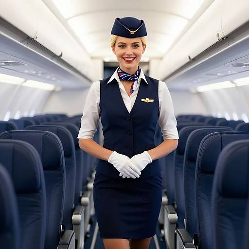 Professional Flight Attendant in Navy Blue Uniform Inside Airplane Cabin