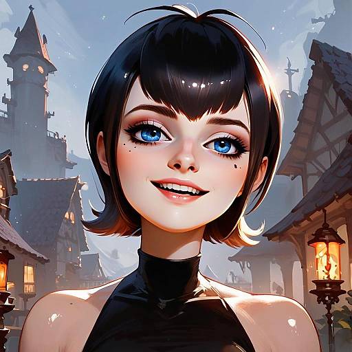 Anime Style Portrait of Smiling Woman in Medieval Village