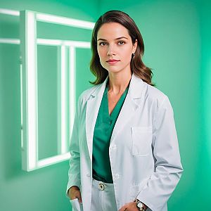 Confident Woman in Lab Coat with Scrubs
