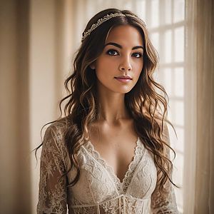 Young Woman in Lace Dress by Window