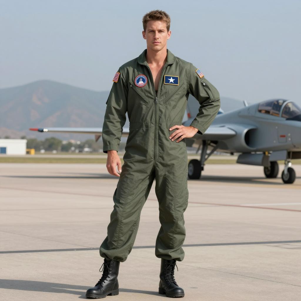 Military Pilot in Flight Suit Standing on Airfield with Fighter Jet