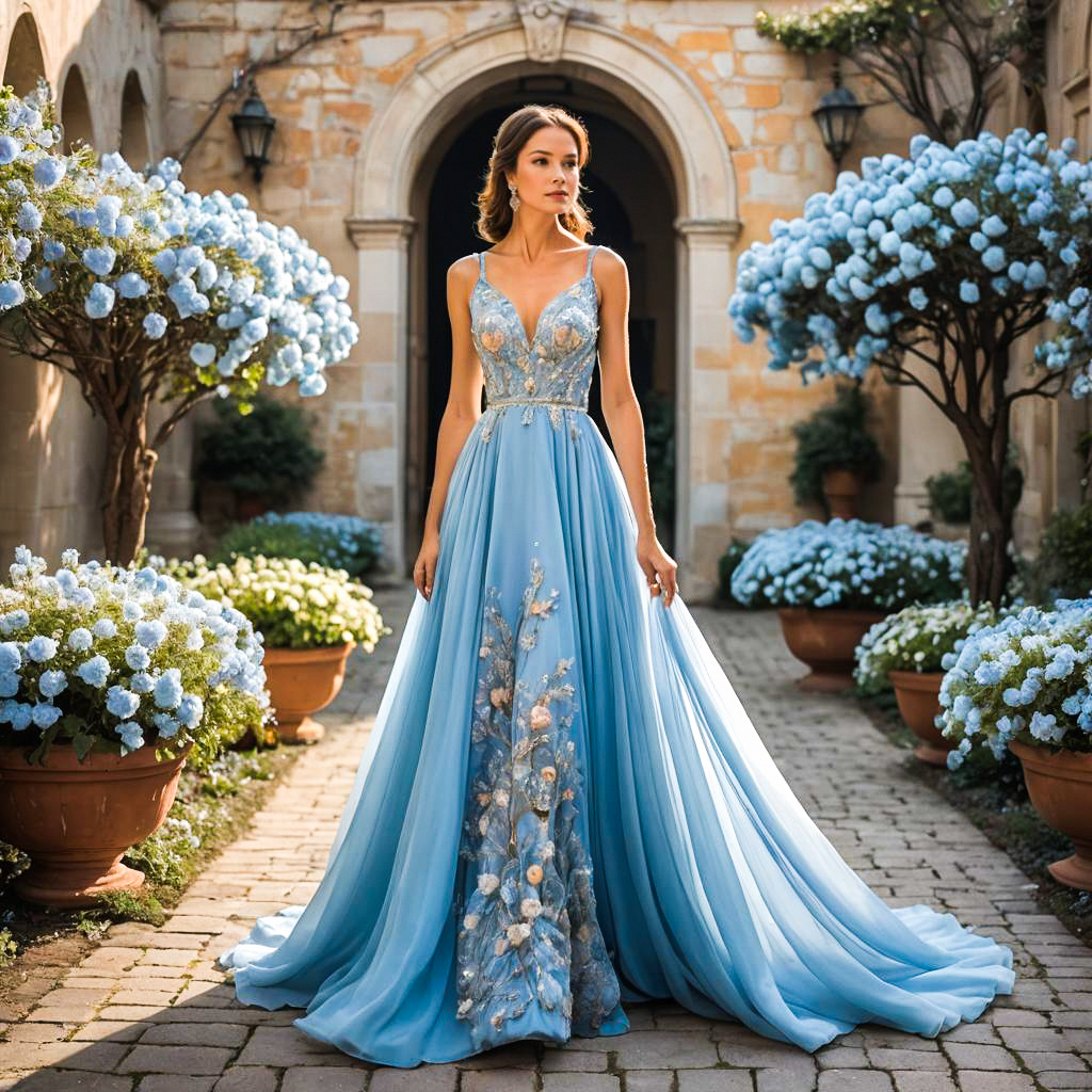 Woman in Flowing Blue Gown in Garden