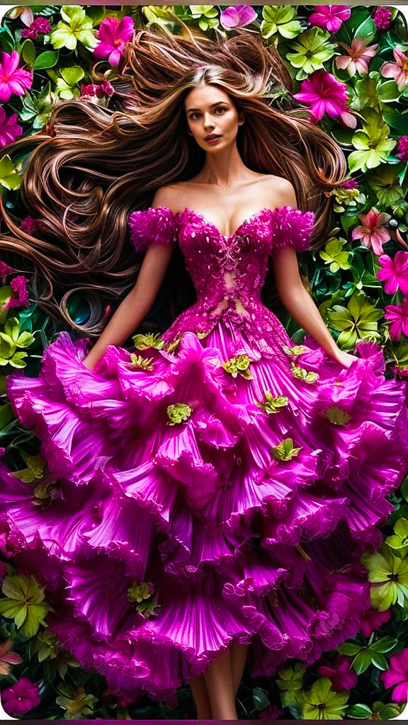 Woman in Magenta Dress Among Pink and Green Flowers Woman in Magenta Dress Among Pink and Green Flowers