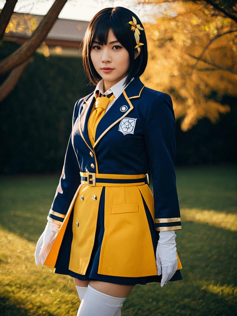 Realistic Naho Takada Cosplay Woman in Yellow and Navy Uniform Costume