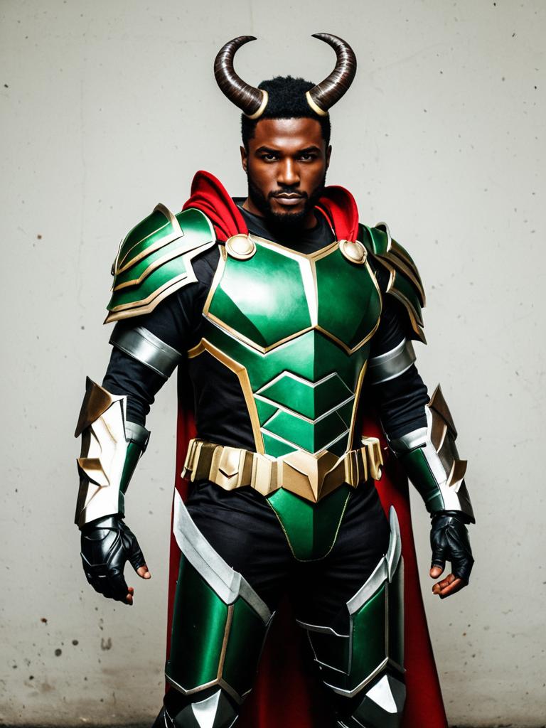 Man in Green and Gold Fantasy Warrior Armor with Horned Helmet