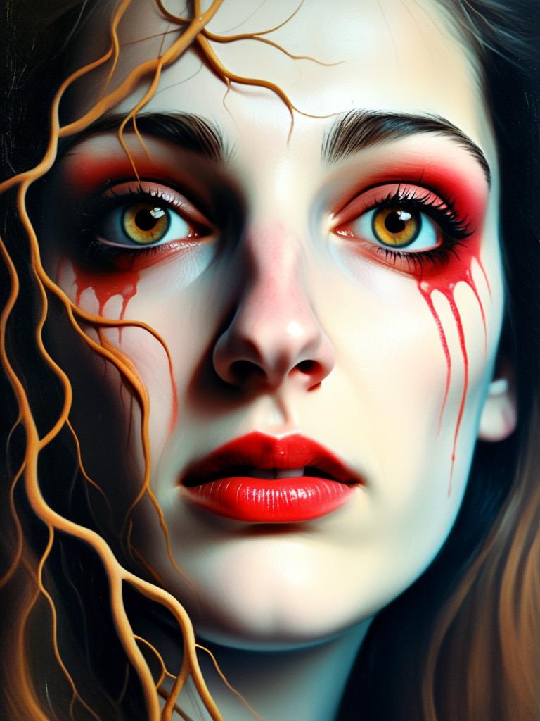 Close-up portrait of a woman with amber eyes and red makeup Close-up portrait of a woman with amber eyes and red makeup