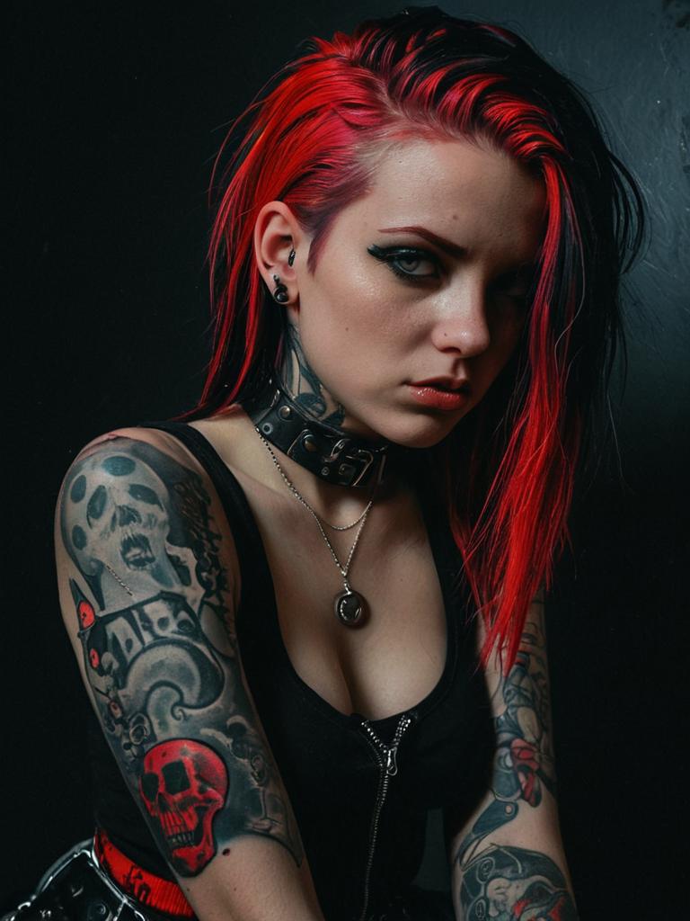 Portrait of Punk Woman with Red Hair and Tattoos in Alternative Style