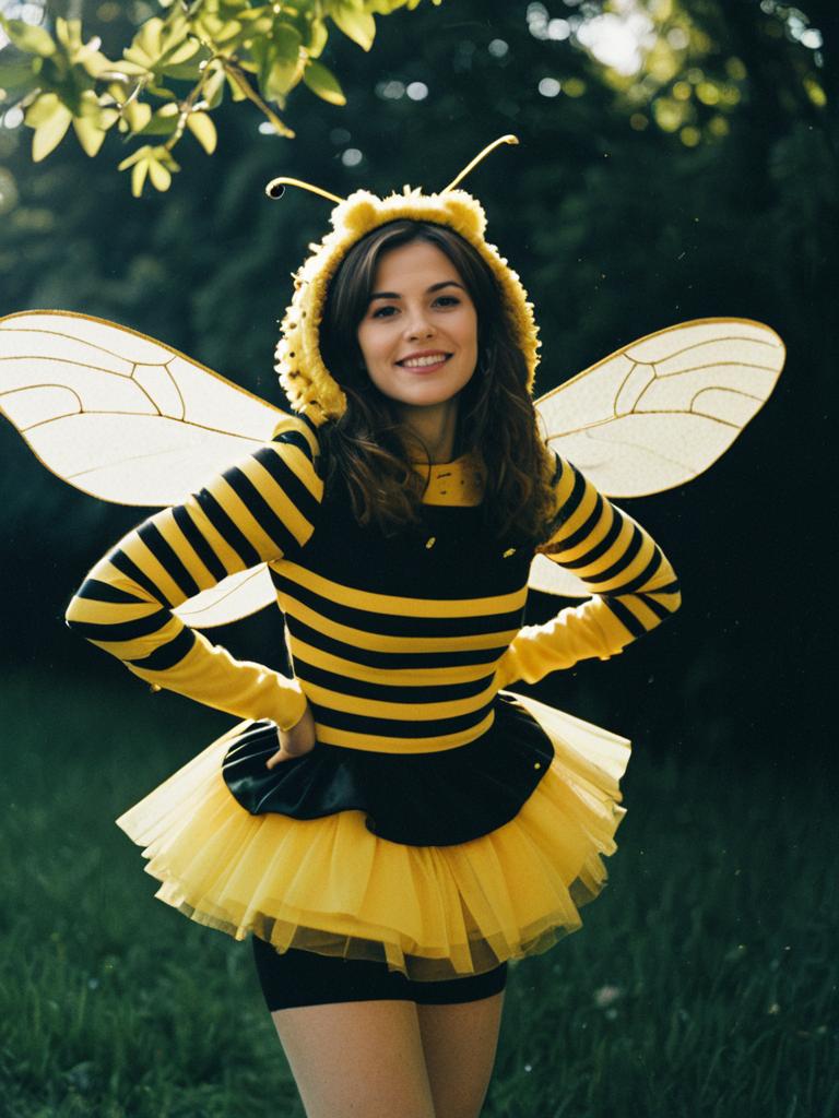 Woman in Whimsical Bee Dance Costume with Cinematic Realism