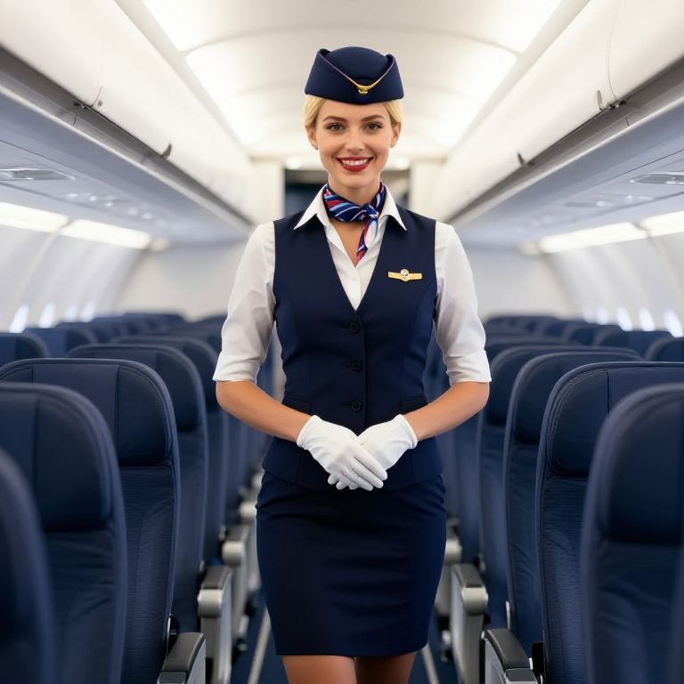 Professional Flight Attendant in Navy Blue Uniform Inside Airplane Cabin