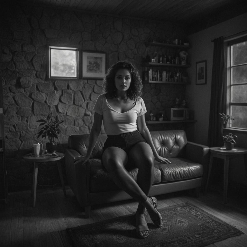 Contemplative Woman on Leather Couch in Artistic Black and White