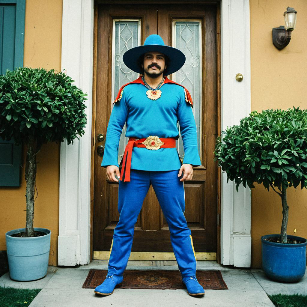 Man in Blue Costume with Red Accents by Wooden Door