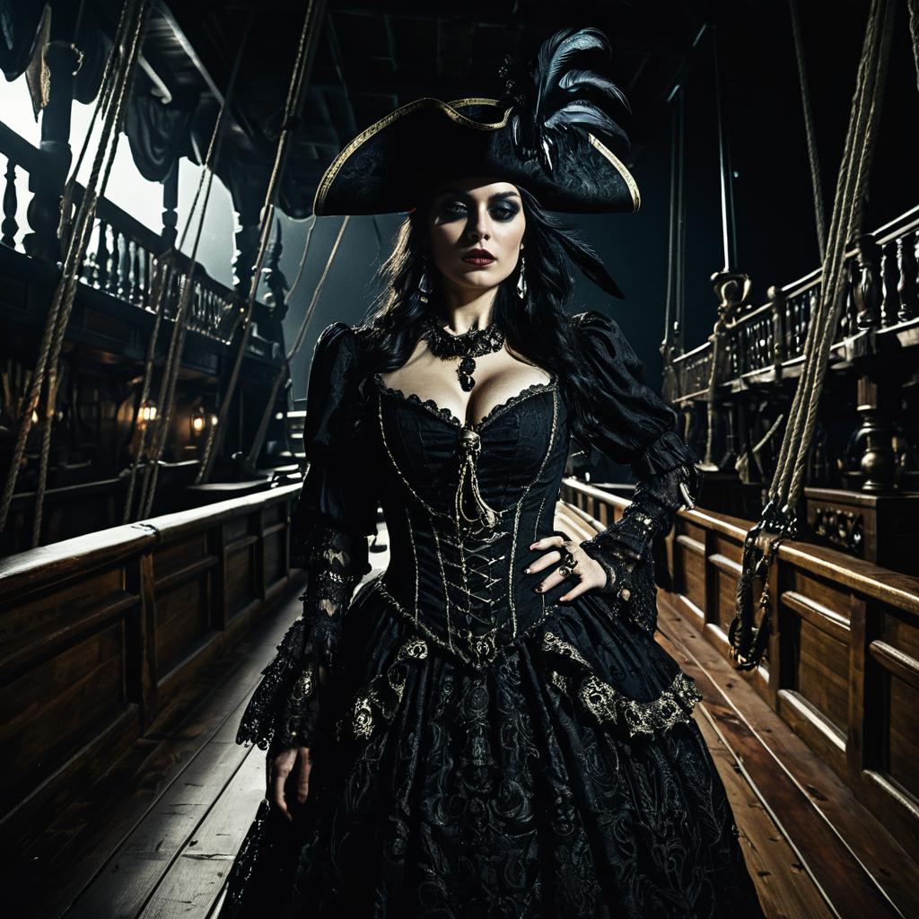 Woman in Dark Pirate Costume on Ship Deck Woman in Dark Pirate Costume on Ship Deck