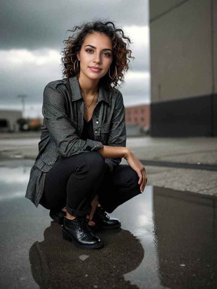 Stylish Woman Crouching by Puddle