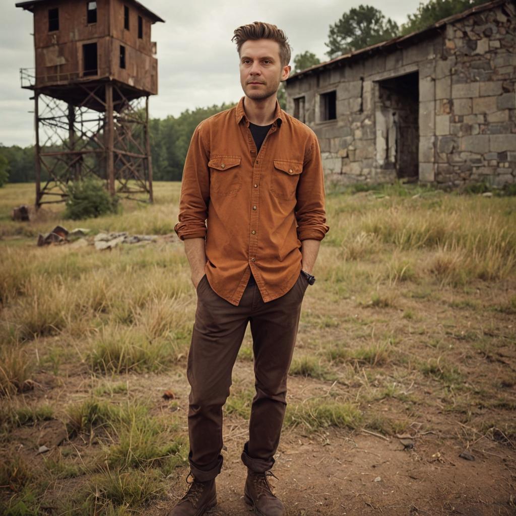 Confident Man in Rustic Field with Abandoned Structure