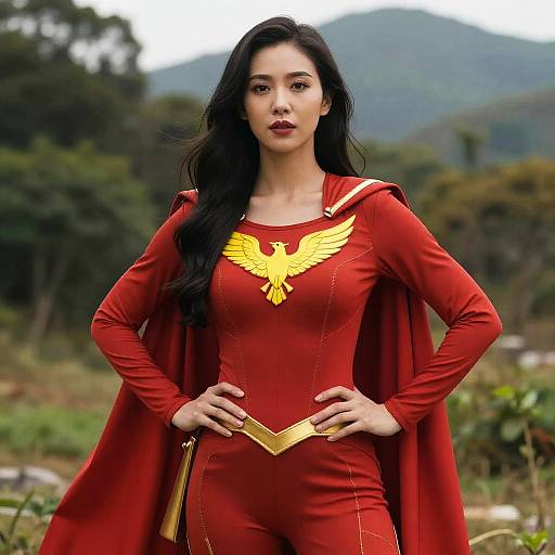 Woman in Red Superhero Costume with Golden Phoenix Emblem Outdoors
