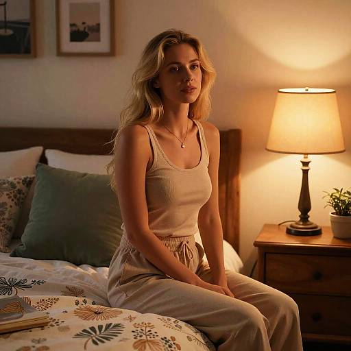 Blonde Woman Sitting on Bed in Cozy Warmly Lit Bedroom