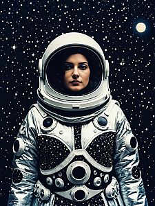 Woman in Stars and Moons Astronaut Costume with Cosmic Background