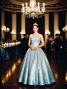 Elegant Woman in Shimmering Silver Ball Gown at Grand Ballroom Gala