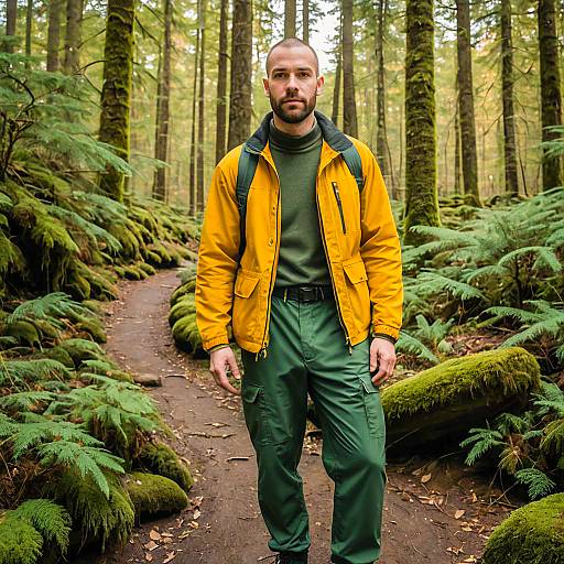 Man in Yellow Jacket Hiking on Forest Trail Amid Lush Greenery