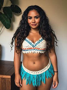 Woman in Revealing Moana Inspired Costume with Feather Skirt