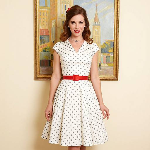 Vintage Polka Dot Dress Woman with Red Belt Standing in Front of Cityscape Painting