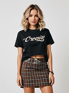 Woman Wearing Casual Streetwear Faded Black Graphic T-Shirt and Brown Plaid Mini Skirt