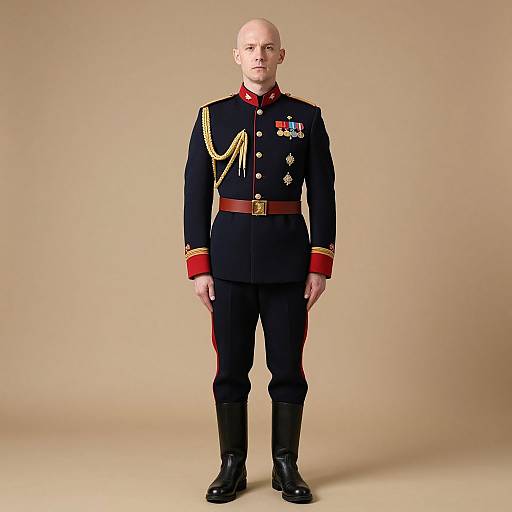 Man in Formal Military Dress Uniform with Medals Standing Pose