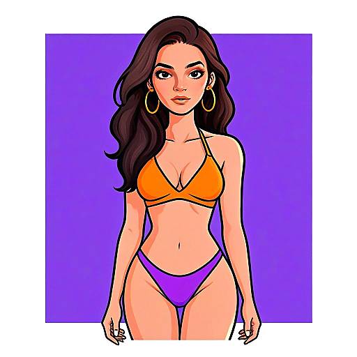 Stylized Woman in Neon Orange Halter Neck Bikini with Purple Bottoms Digital Illustration
