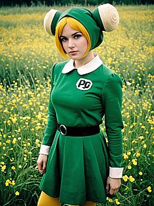 Woman in Realistic Buttercup Powerpuff Girls Cosplay Costume Outdoors