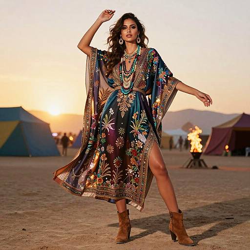 Bohemian Woman in Embroidered Dress at Desert Festival Sunset