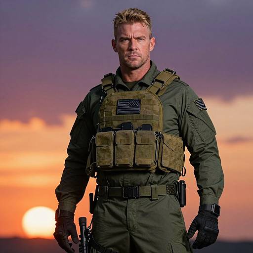 Man in Tactical Military Gear Standing at Sunset