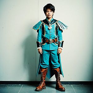 Confident Young Man in Vibrant Blue Fantasy Costume