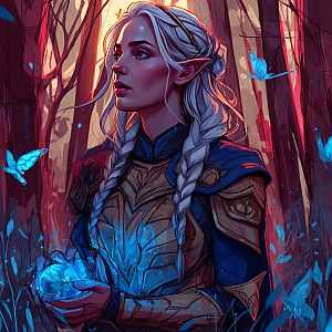 Fantasy Elf Woman in Armor with Magical Blue Orb and Butterflies Digital Illustration