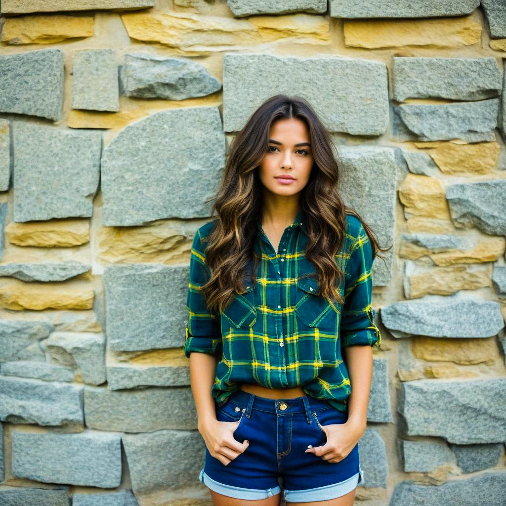 Confident Young Woman in Plaid Shirt Against Stone Wall