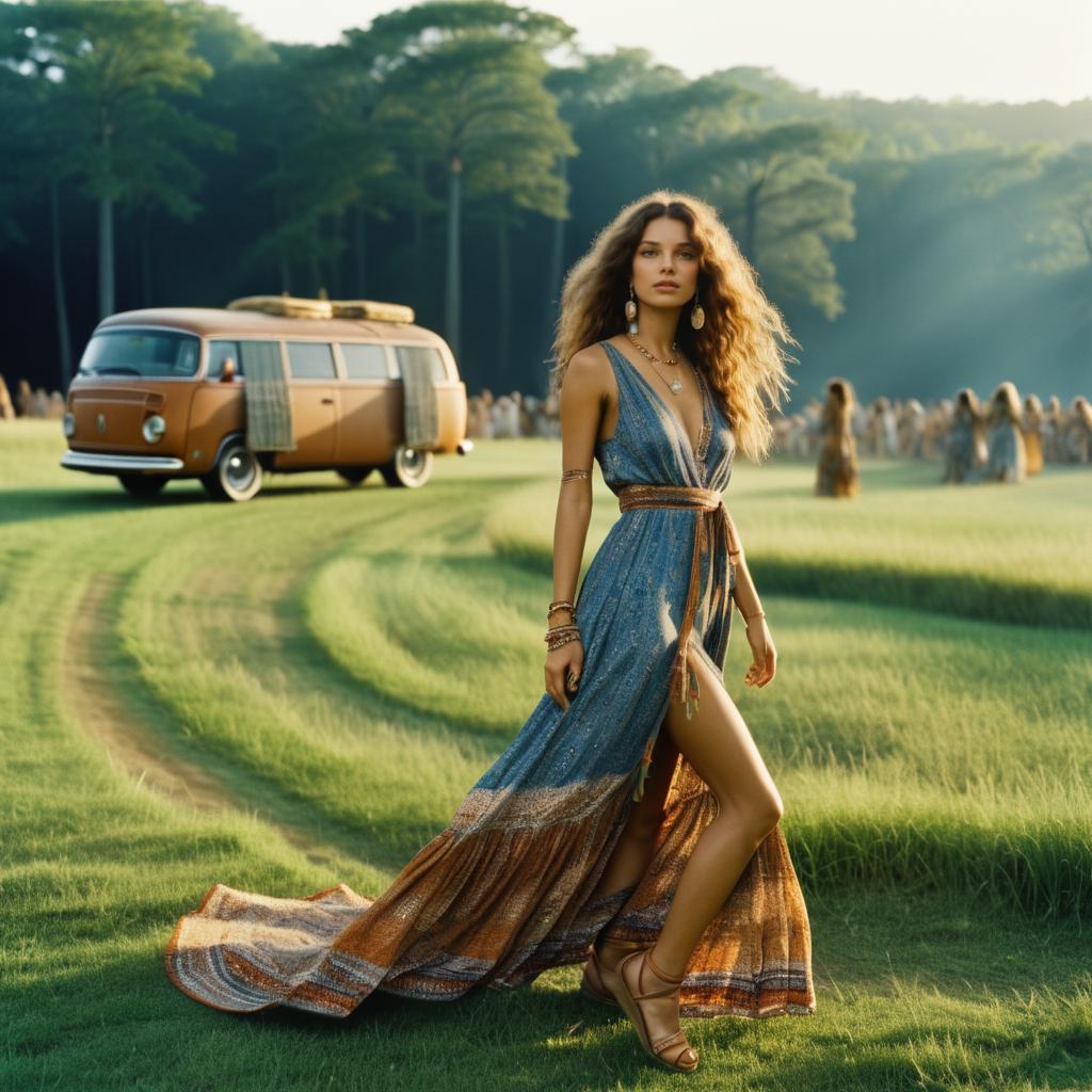 Stylish Woman in Bohemian Dress in Green Field