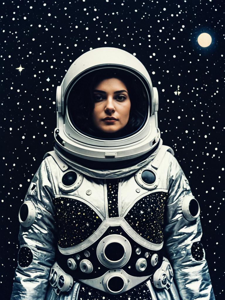 Woman in Stars and Moons Astronaut Costume with Cosmic Background