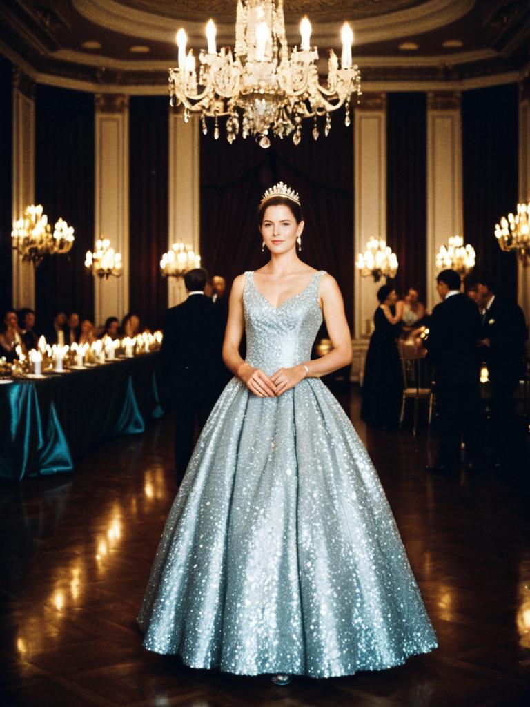 Elegant Woman in Shimmering Silver Ball Gown at Grand Ballroom Gala