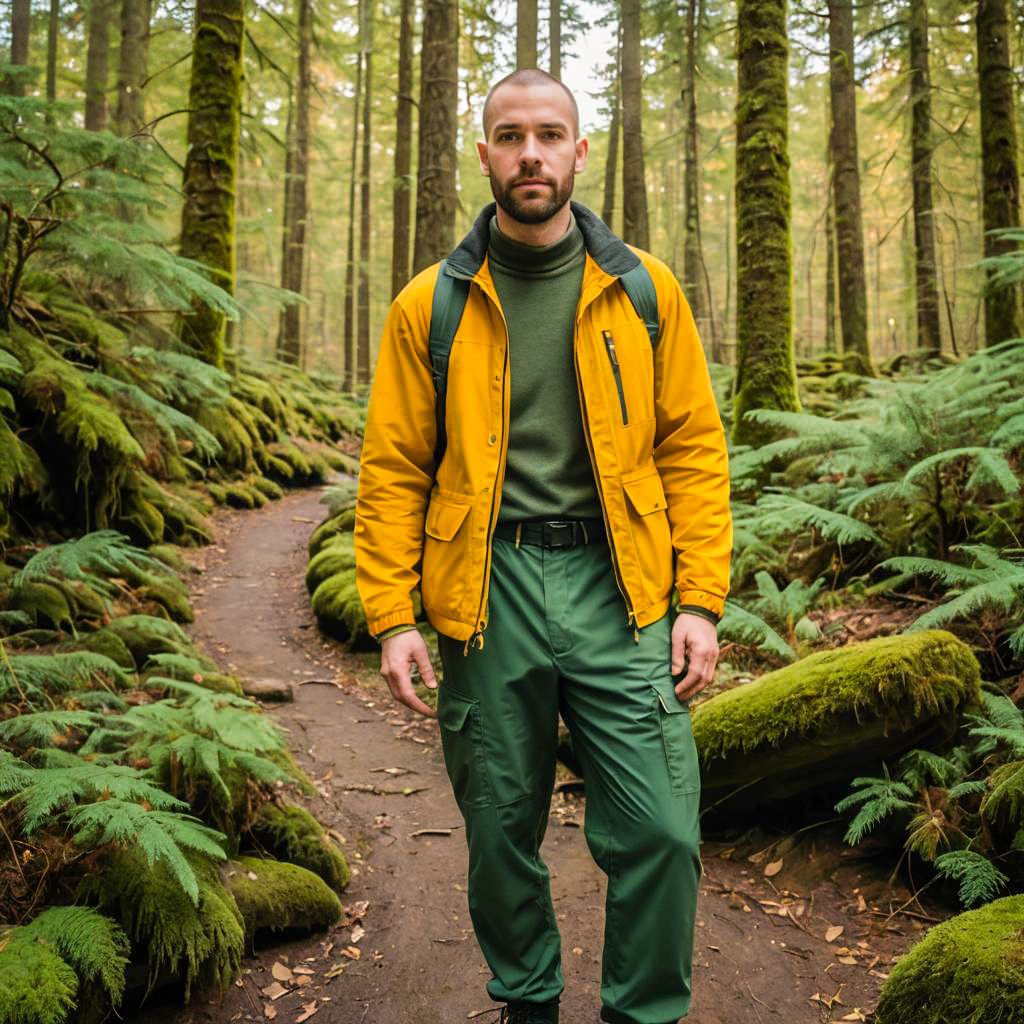 Man in Yellow Jacket Hiking on Forest Trail Amid Lush Greenery