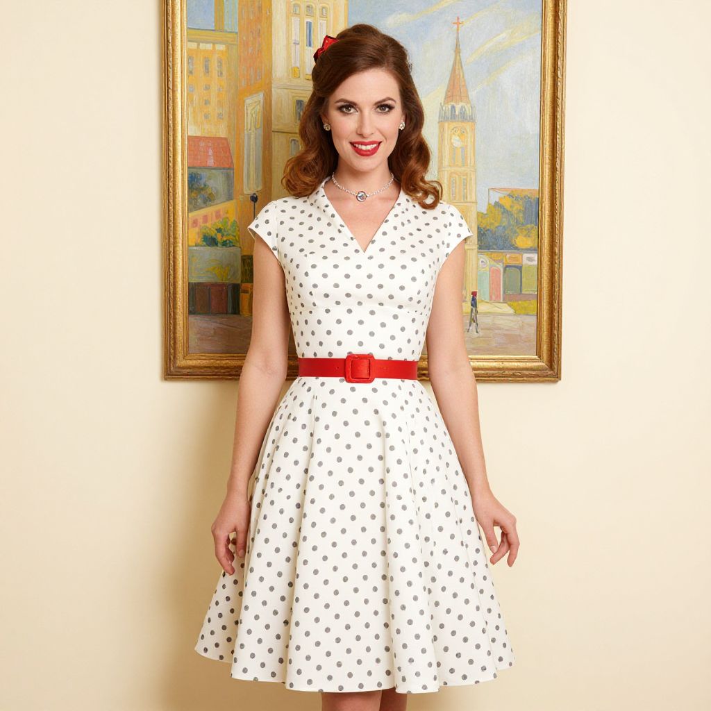 Vintage Polka Dot Dress Woman with Red Belt Standing in Front of Cityscape Painting
